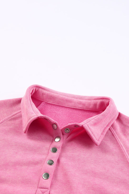 Lantern Sleeve Snap Button Placket Washed Pullover Casual Round Neck Sweatshirt